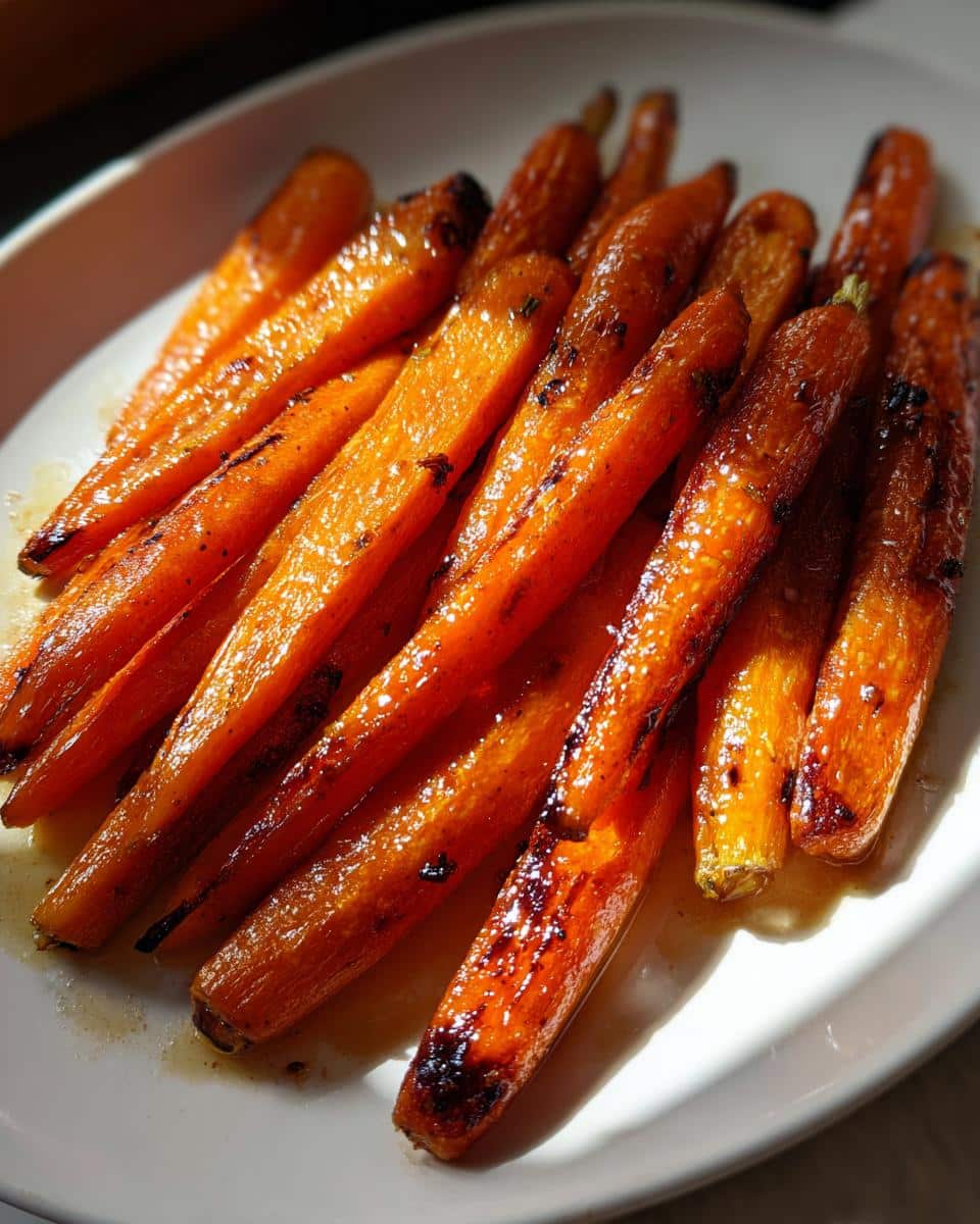 Close-up of a platter of glistening maple roasted carrots, showing their caramelized edges and vibrant orange color.