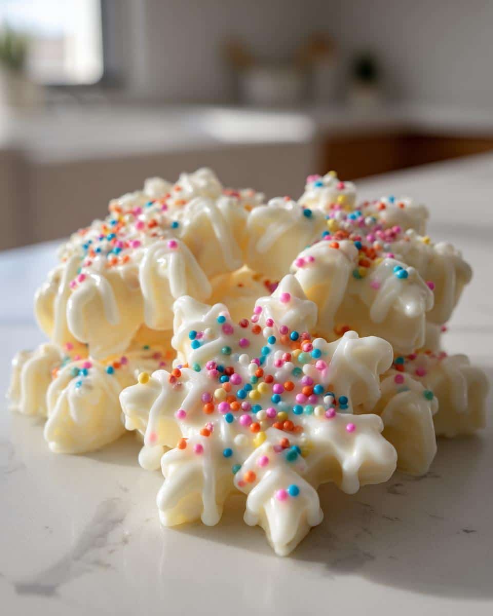 A pile of white chocolate-covered marshmallow snowflake treats, decorated with colorful sprinkles.