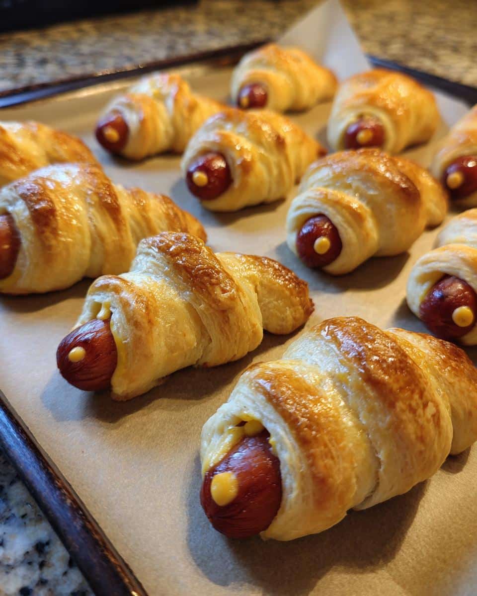 Close-up of golden-brown Mummy Pigs in Blanket, with hot dogs peeking out of crescent roll dough, on a baking sheet.