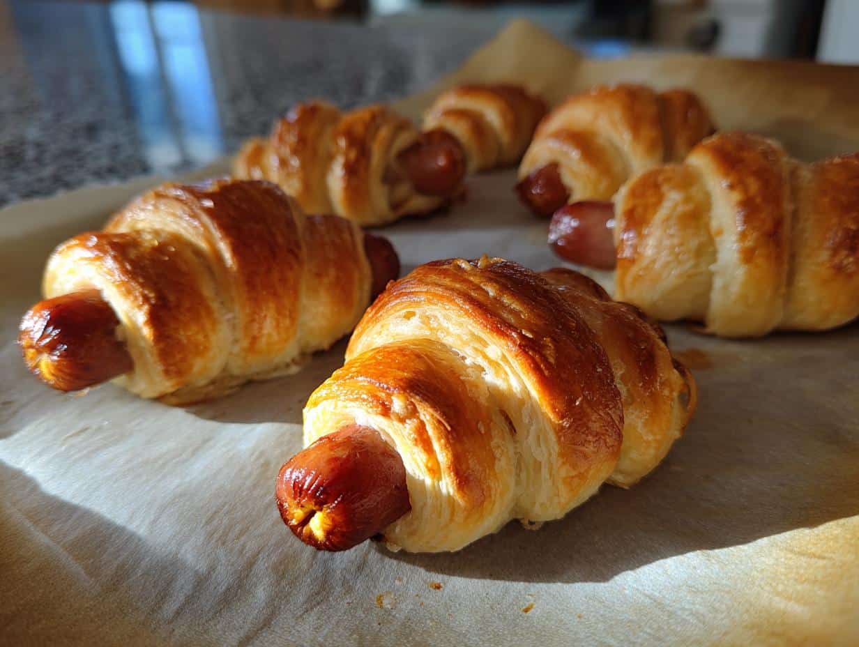 Close-up of golden-brown Mummy Pigs in Blanket, baked in croissant dough, on parchment paper.