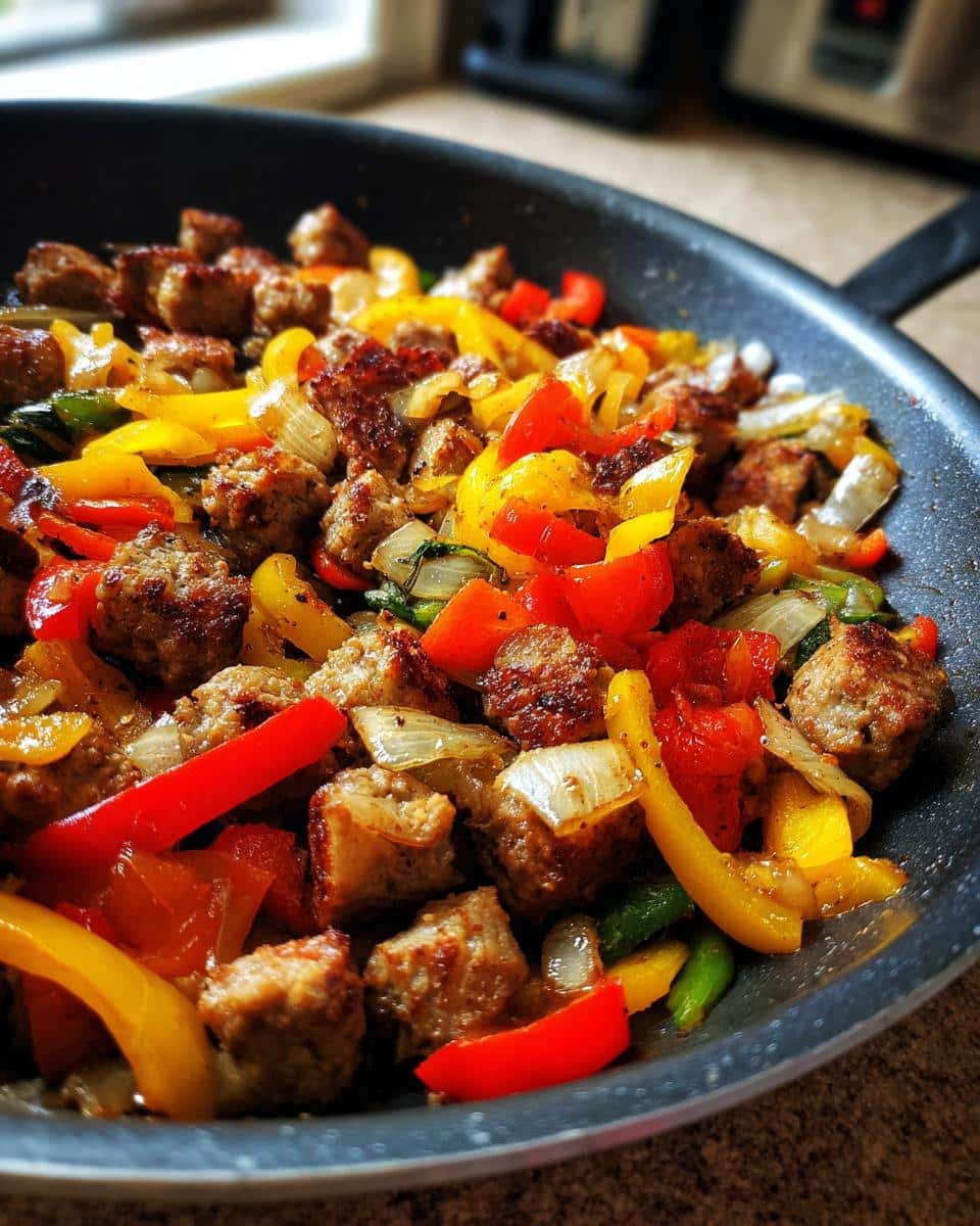 Close-up of a one pan sausage skillet filled with cooked sausage, red, yellow, and green bell peppers, and onions.
