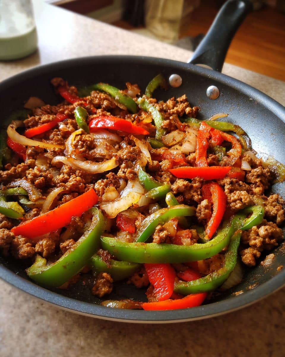 Close-up of a one pan sausage skillet filled with cooked ground sausage, sliced onions, and red and green bell peppers.