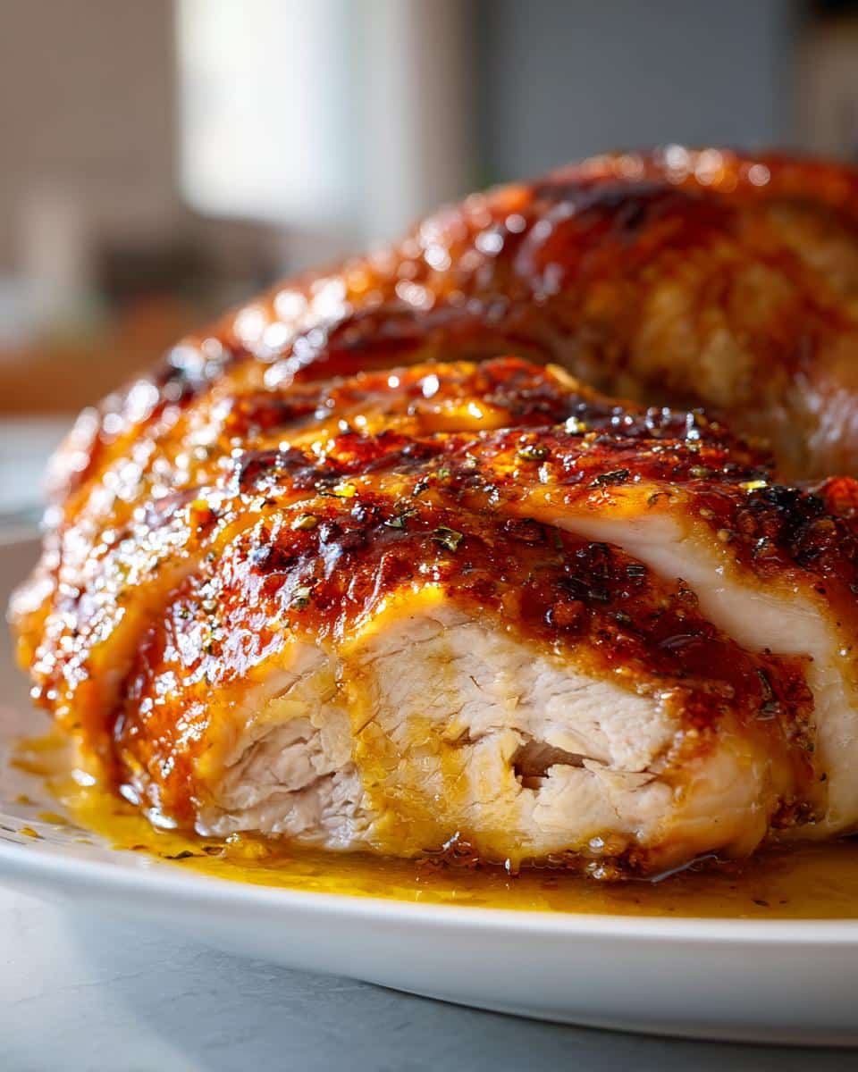 Close-up of a juicy slice of Orange Honey Glazed Turkey, showing the moist meat and glistening glaze.
