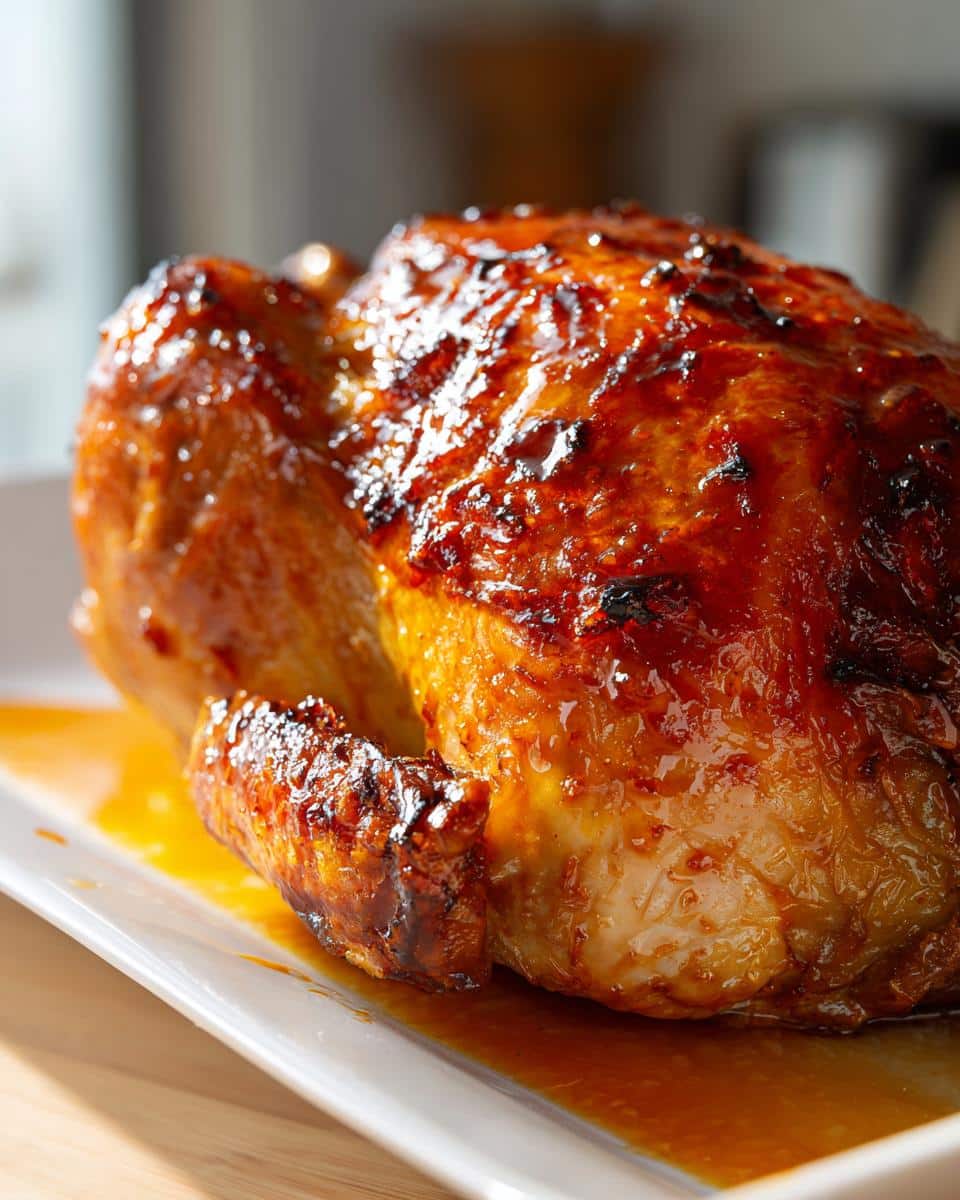 A whole, glistening Orange Honey Glazed Turkey rests on a white platter, ready to be served.