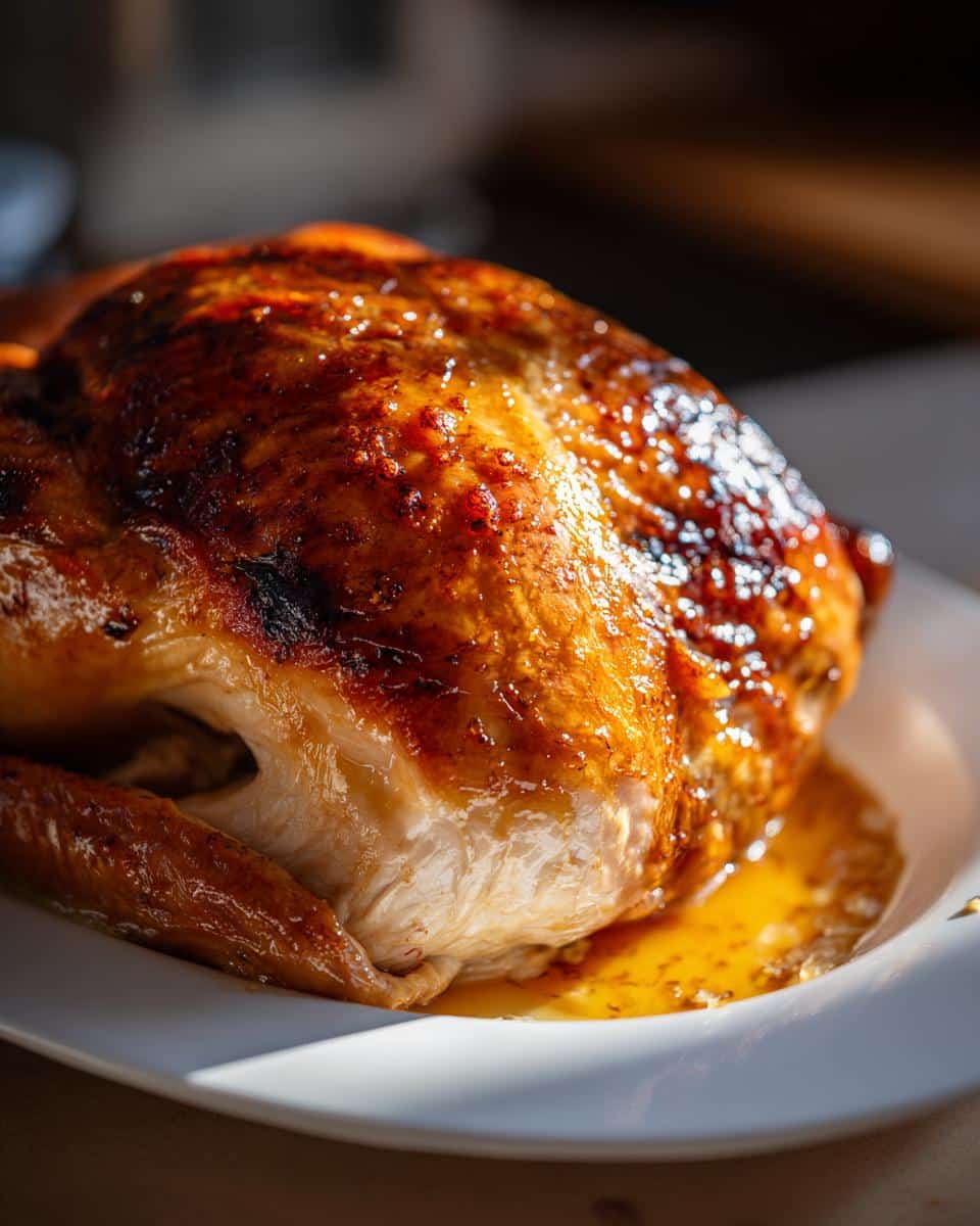 A close-up of a perfectly roasted Orange Honey Glazed Turkey on a white plate, glistening with juices.