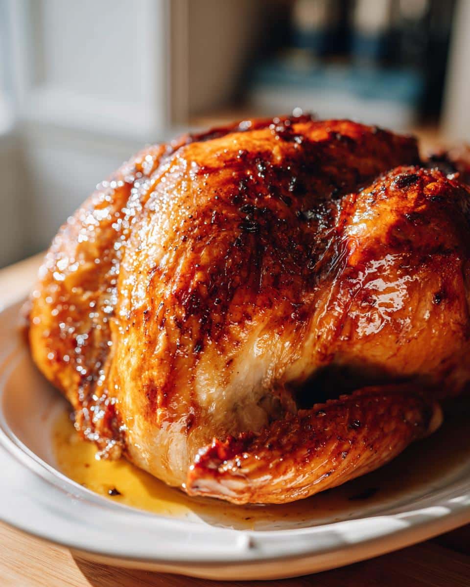 A whole, golden-brown Orange Honey Glazed Turkey resting on a white plate, glistening with juices.