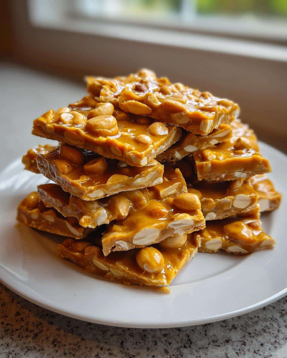 A stack of freshly made crunchy peanut brittle pieces on a white plate, showcasing whole peanuts embedded in golden caramel.