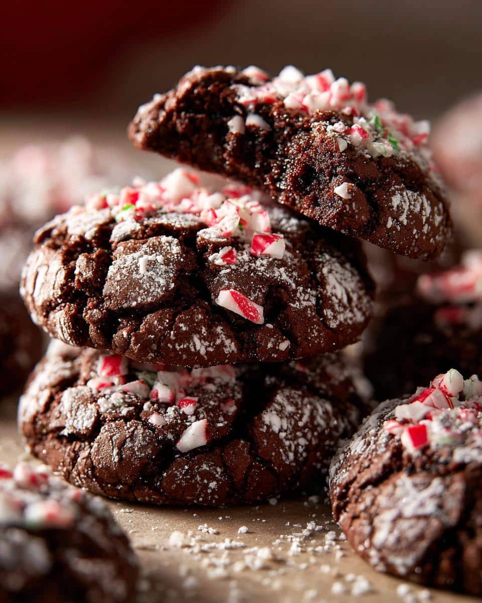 A stack of rich, dark Peppermint Chocolate Crinkle Cookies dusted with powdered sugar and crushed candy canes.