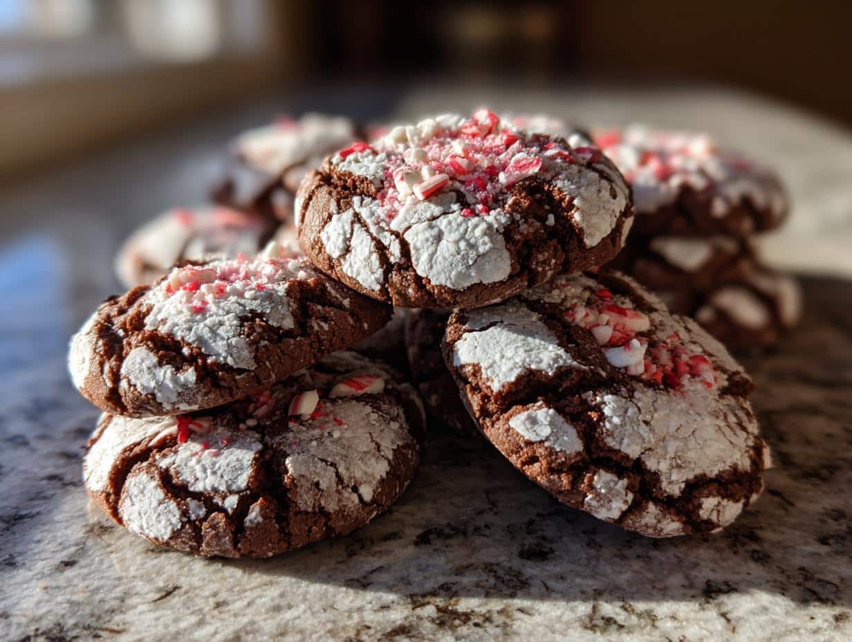 A stack of delicious Peppermint Chocolate Crinkle Cookies, dusted with powdered sugar and crushed candy canes.