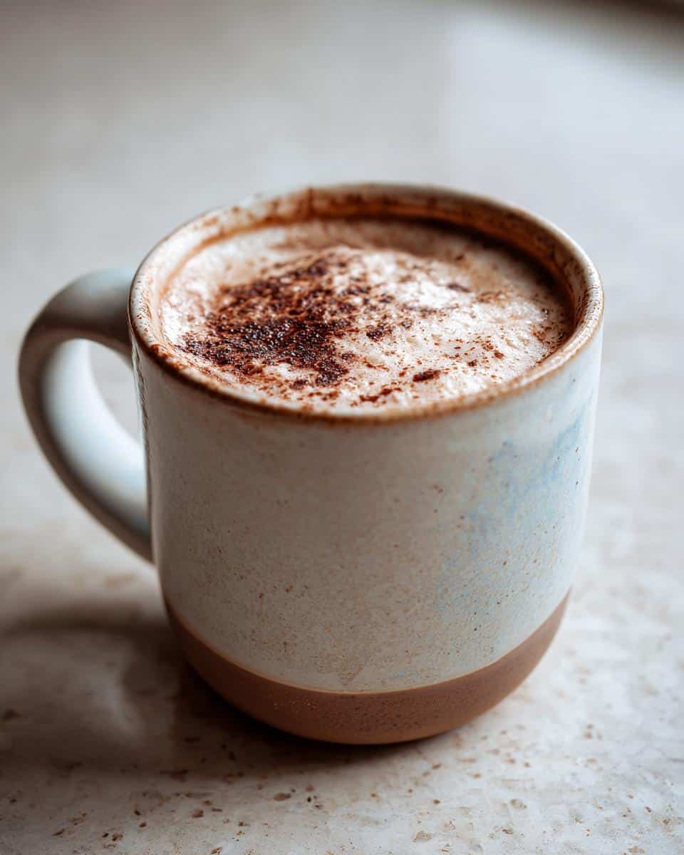 A close-up of a steaming mug filled with a rich Peppermint Mocha, topped with frothy milk and cocoa powder.