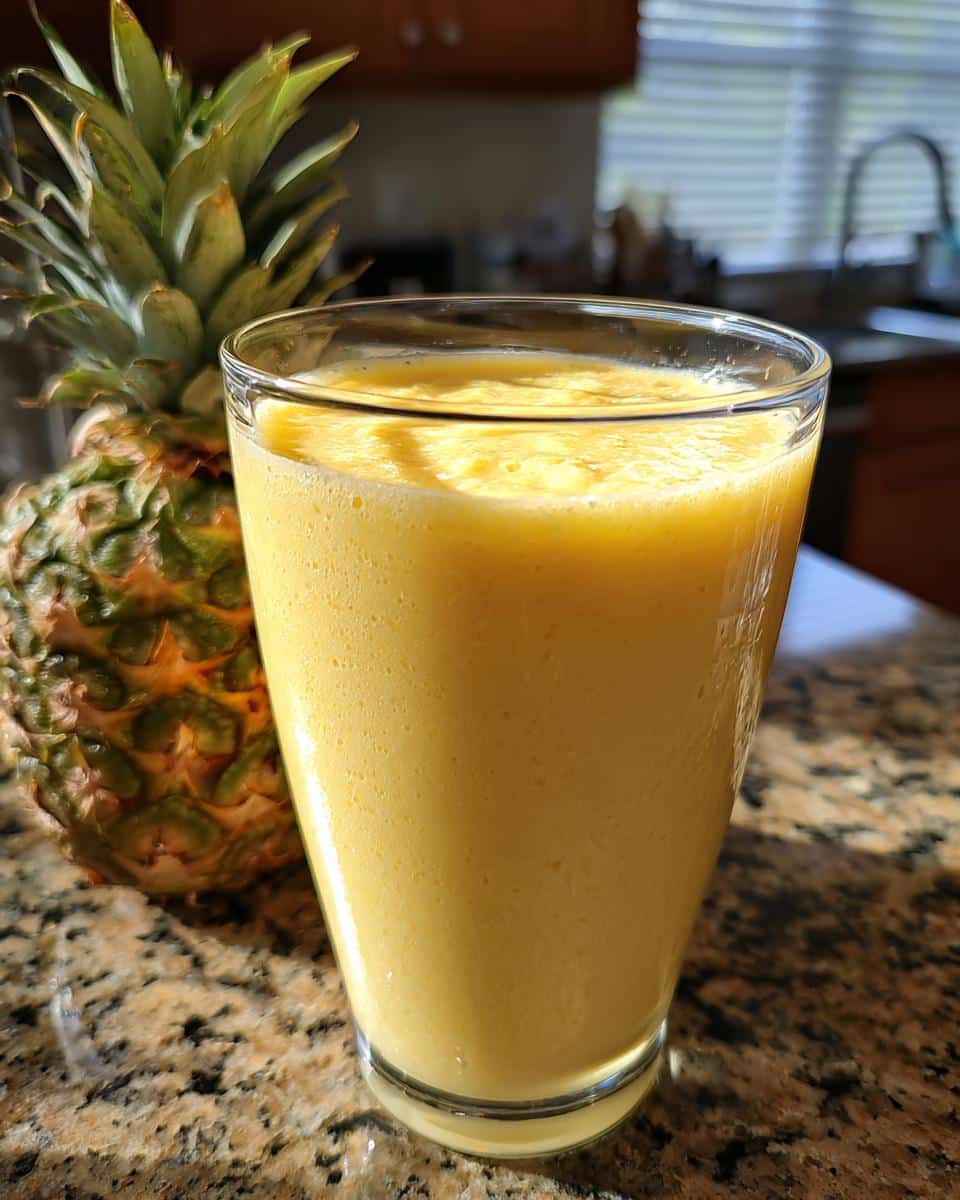 A tall glass filled with a creamy Pineapple and Banana Smoothie, with a whole pineapple in the background.