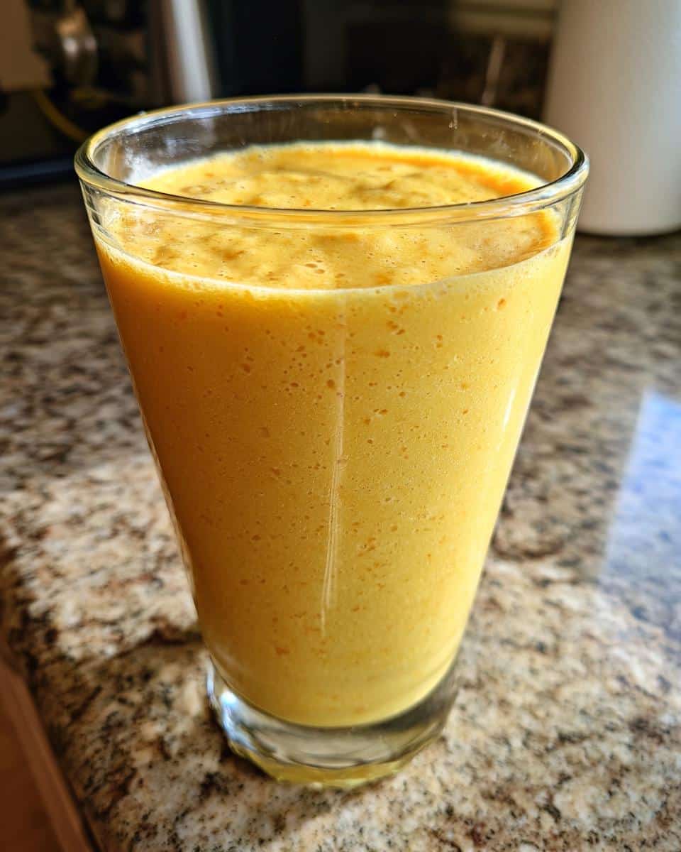 A tall glass filled with a vibrant yellow Pineapple and Banana Smoothie, showing a frothy top.