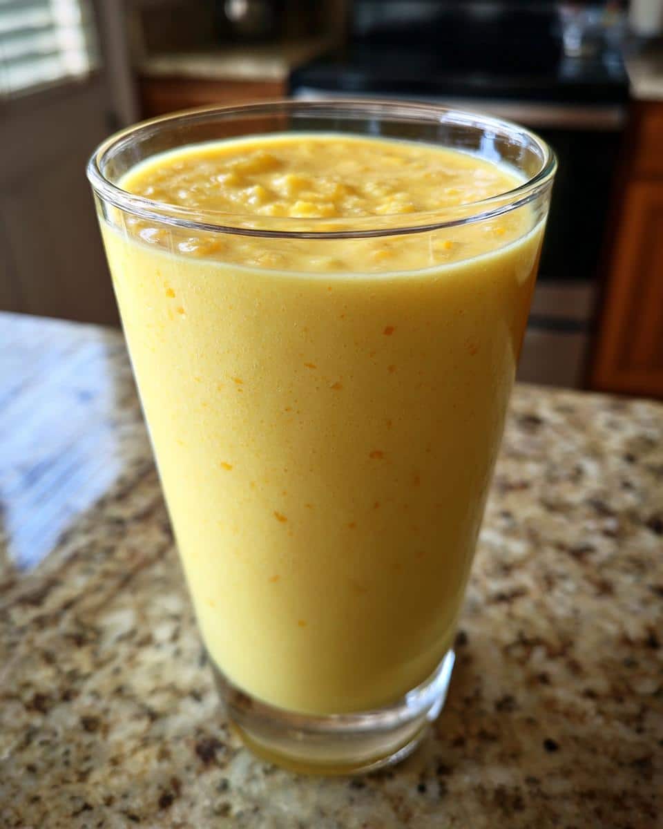 A tall glass filled with a vibrant yellow Pineapple and Banana Smoothie, ready to be enjoyed.