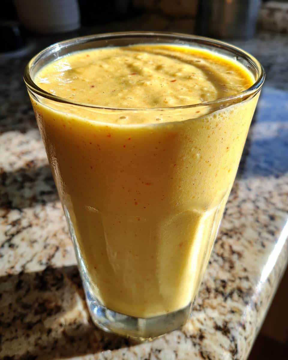 A close-up of a tall glass filled with a vibrant yellow Pineapple and Banana Smoothie.