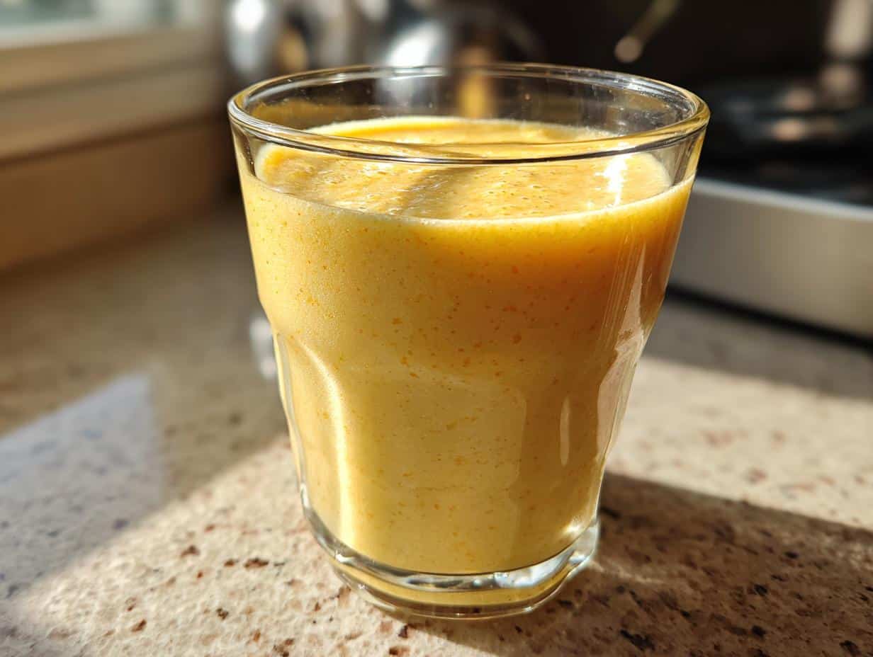 A close-up of a glass filled with a vibrant yellow Pineapple and Banana Smoothie, with sunlight casting shadows.