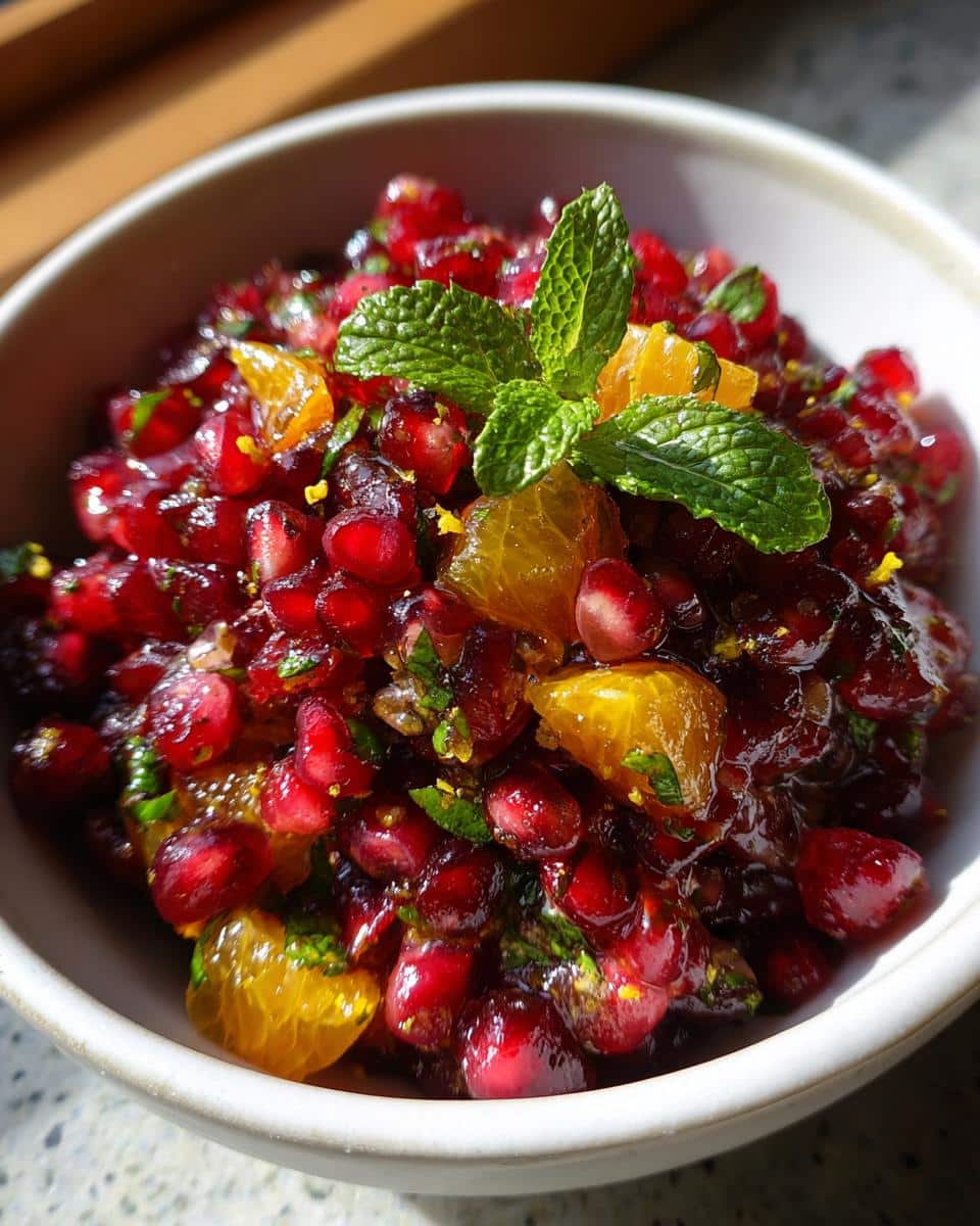 Close-up of Pomegranate Cranberry Relish in a bowl, featuring bright red pomegranate seeds, orange segments, and fresh mint leaves.