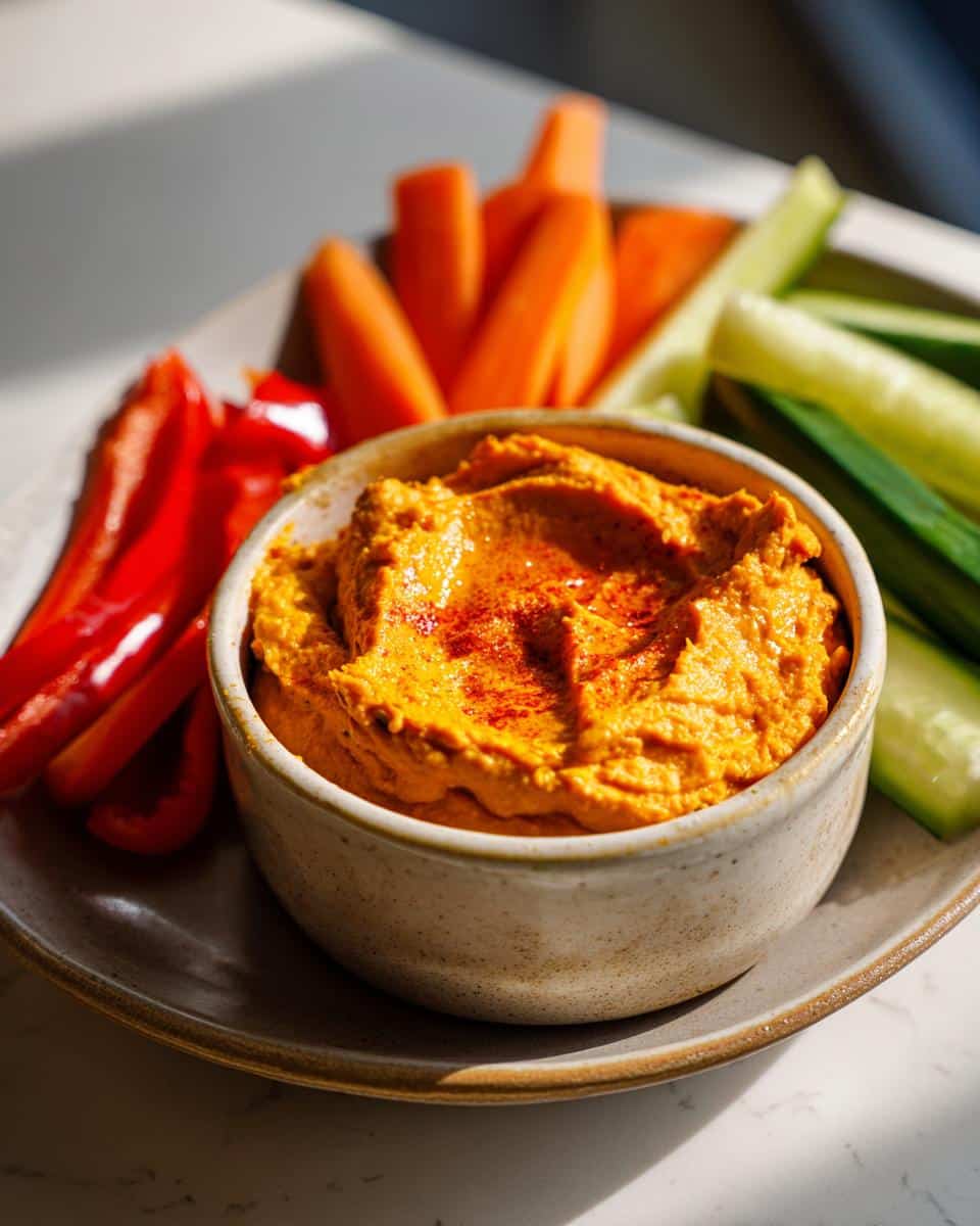 A bowl of creamy Pumpkin Hummus with Veggies, sprinkled with paprika, served with carrot sticks, cucumber slices, and red bell pepper strips.
