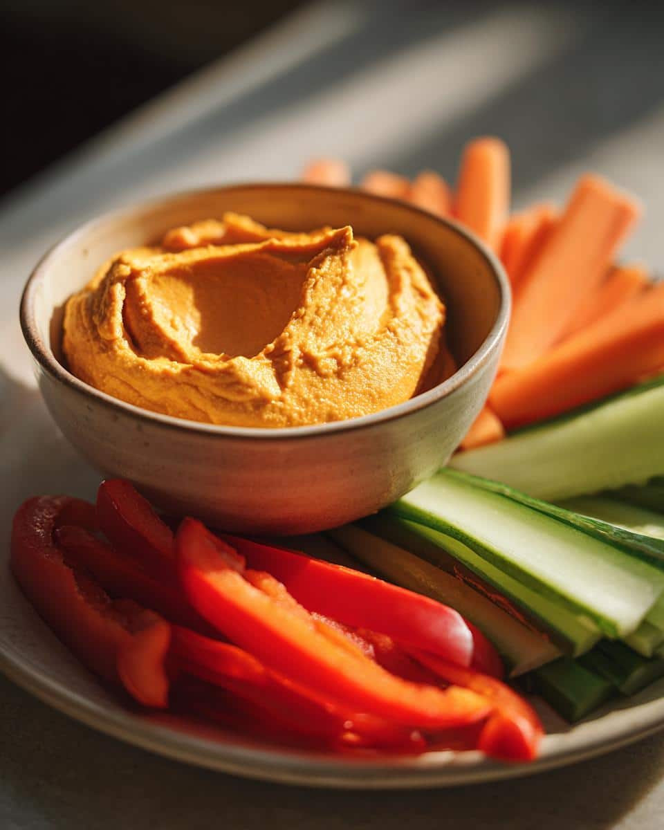 A bowl of creamy Pumpkin Hummus served with a colorful assortment of fresh vegetable sticks.
