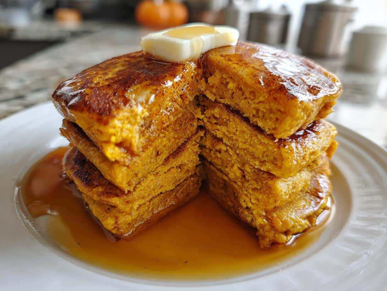 A stack of fluffy pumpkin pancakes drizzled with maple syrup and topped with butter.