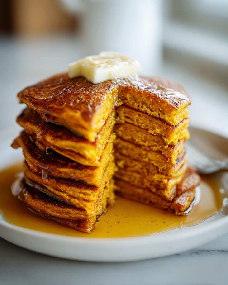A tall stack of fluffy Pumpkin Pancakes, topped with a pat of butter and drizzled with syrup.