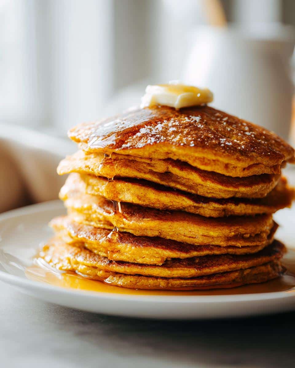 A tall stack of fluffy Pumpkin Pancakes topped with butter and drizzled with syrup.