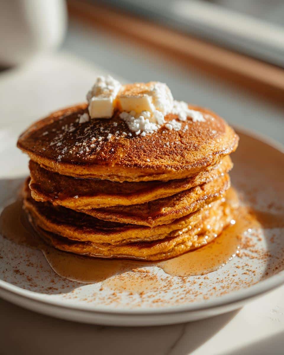 A stack of fluffy Pumpkin Pancakes topped with butter, powdered sugar, and drizzled with syrup.