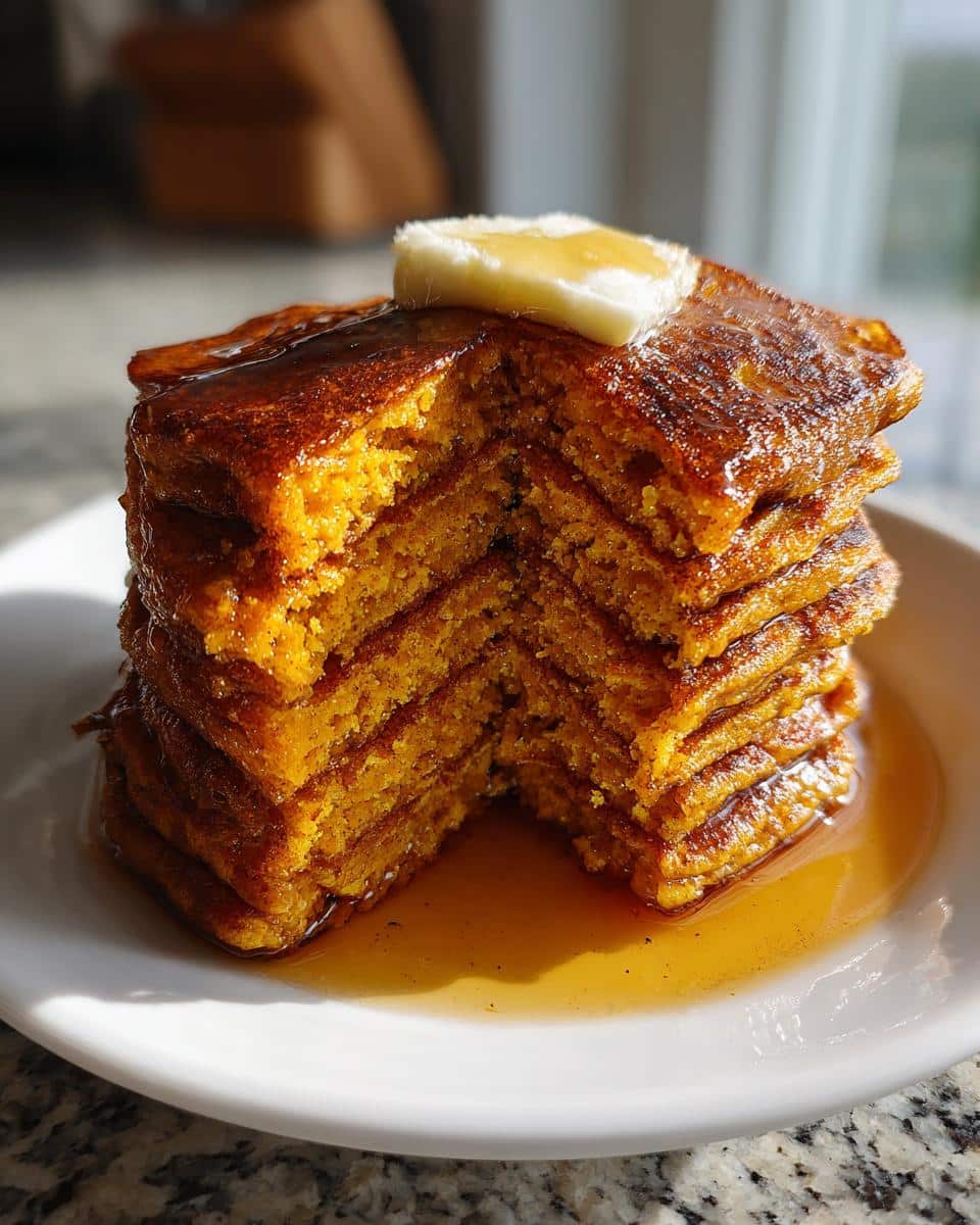 A tall stack of fluffy pumpkin pancakes, topped with butter and drizzled with syrup.