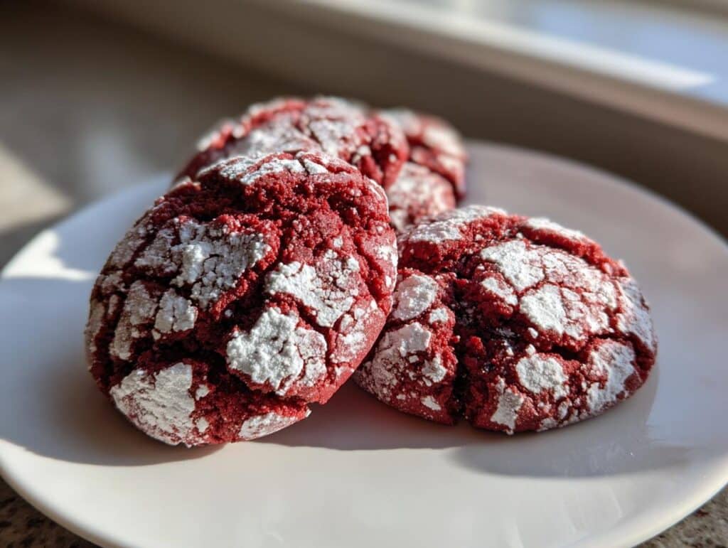 Close-up of three Red Velvet Chocolate Crinkle Cookies dusted with powdered sugar on a white plate.