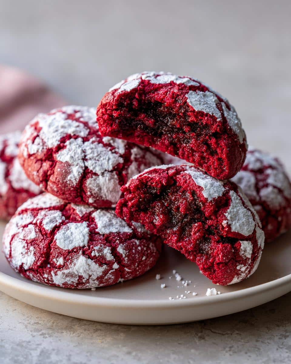 A stack of Red Velvet Chocolate Crinkle Cookies, dusted with powdered sugar, with one cookie broken open to reveal the rich chocolate interior.