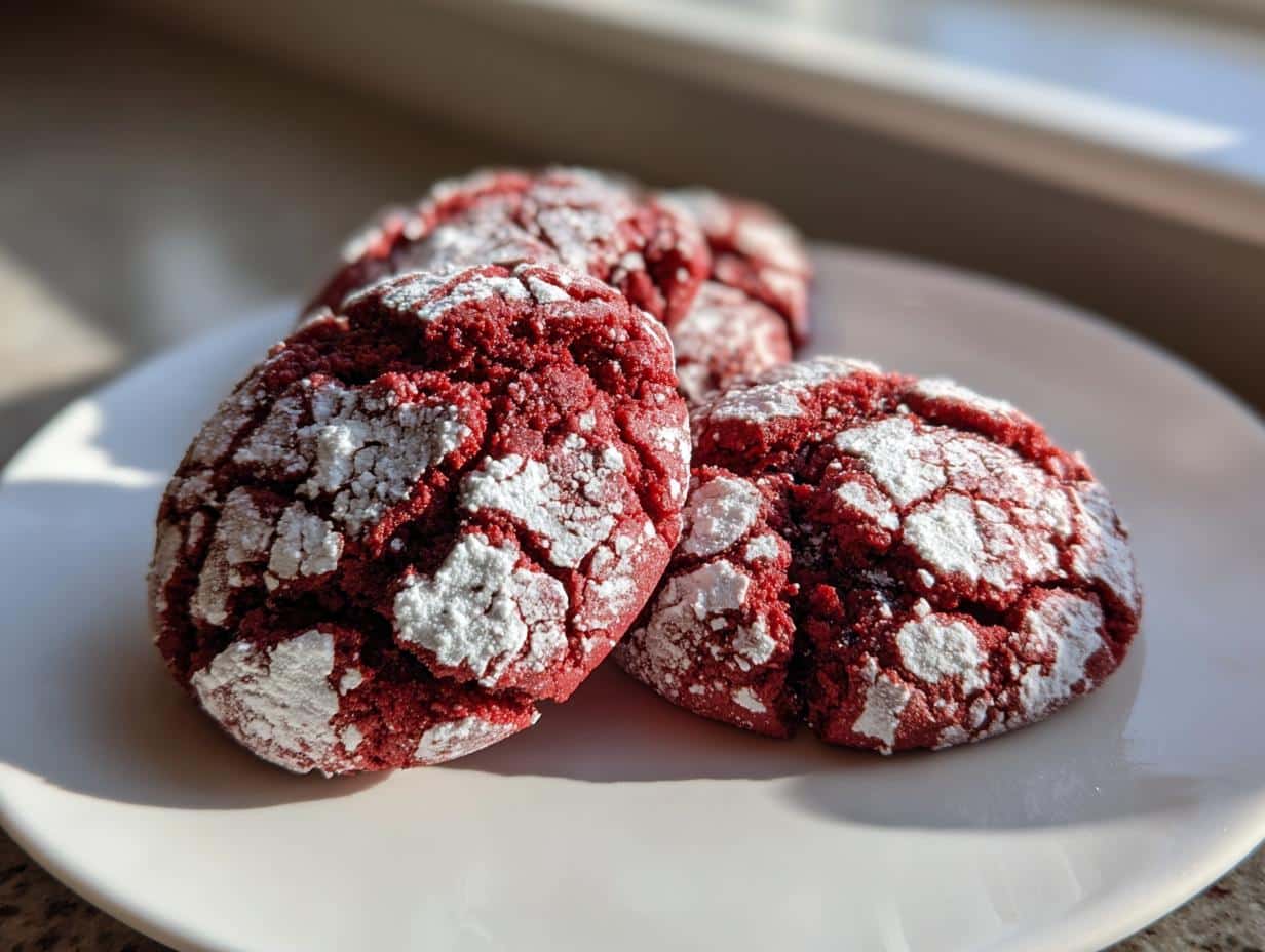 Close-up of three Red Velvet Chocolate Crinkle Cookies dusted with powdered sugar on a white plate.