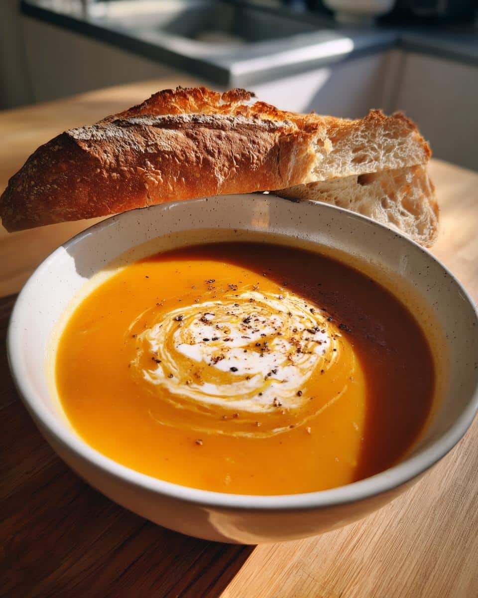 A bowl of creamy Roasted Butternut Squash Soup topped with cream swirl and black pepper, served with crusty bread.