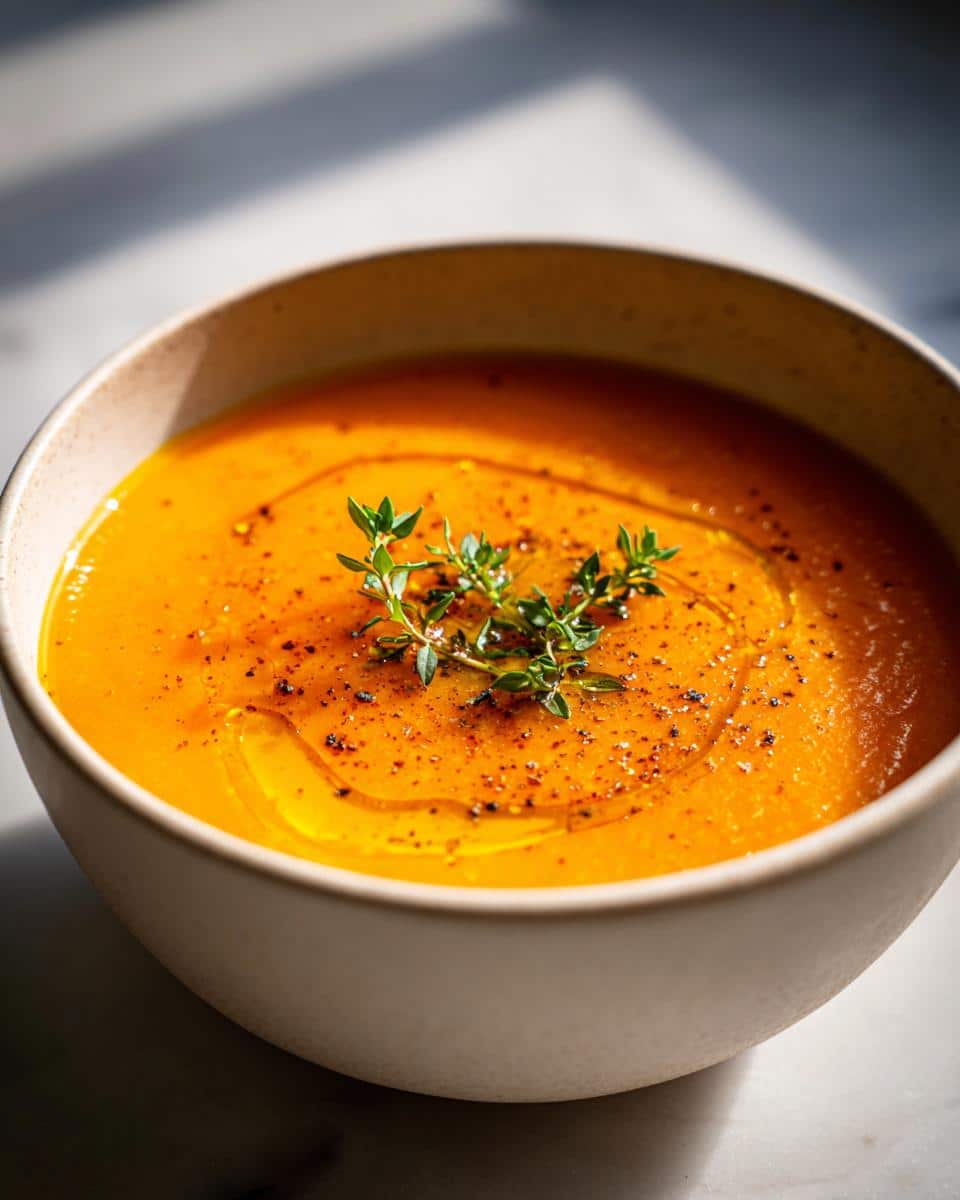 A bowl of creamy roasted butternut squash soup with thyme, drizzled with olive oil and black pepper.