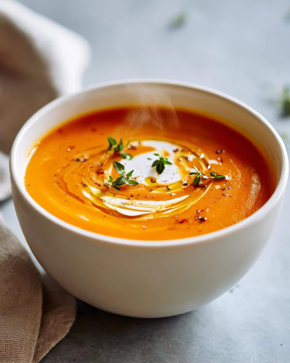 A steaming bowl of creamy Roasted Butternut Squash Soup with Thyme, garnished with a swirl of cream and fresh thyme sprigs.