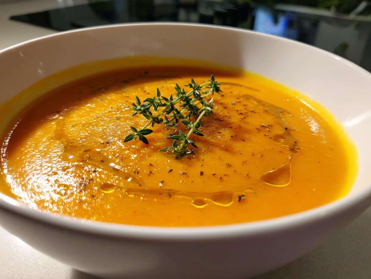 A close-up of a white bowl filled with creamy roasted butternut squash soup, garnished with fresh thyme and a drizzle of olive oil.