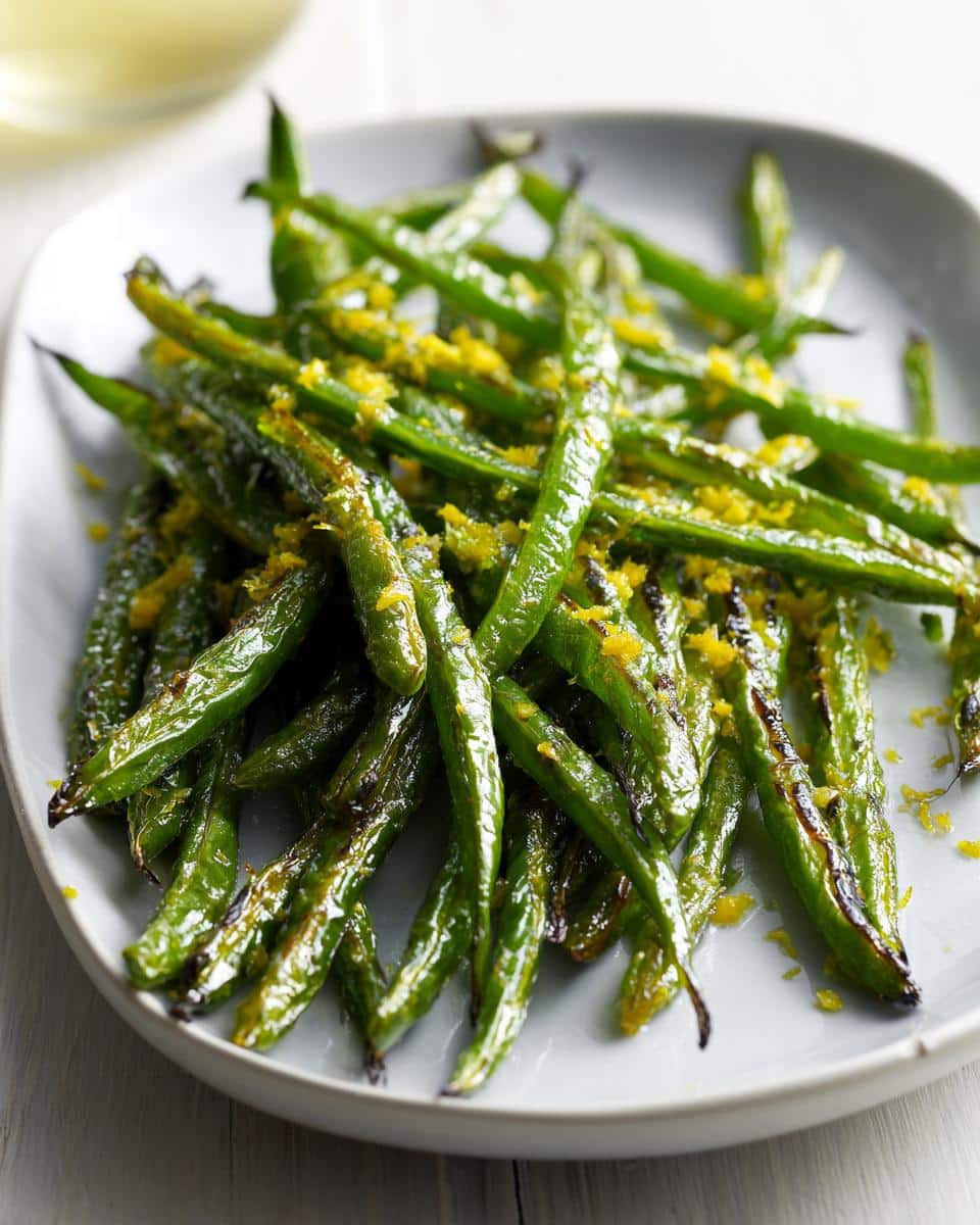 A plate of glistening Roasted Lemon Green Beans, sprinkled with bright yellow lemon zest.
