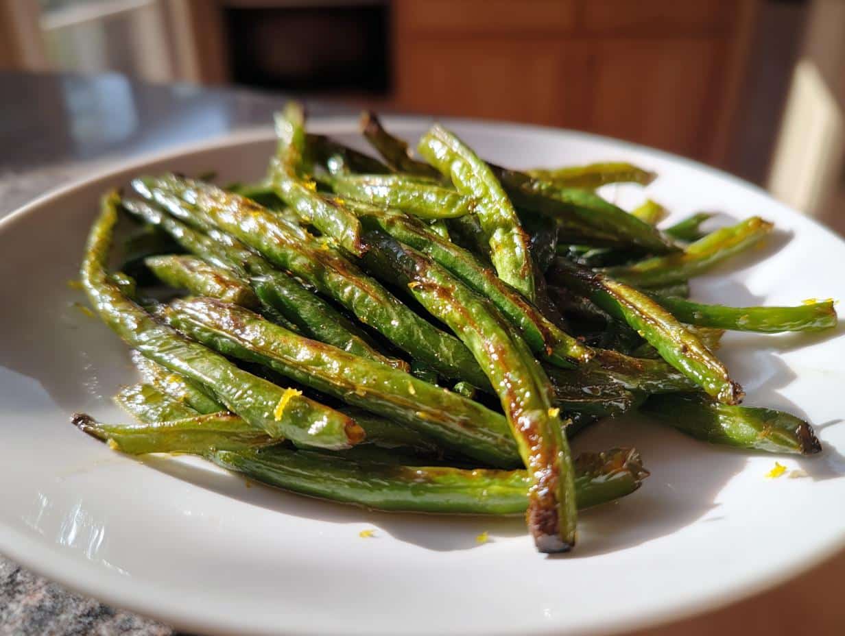 A close-up of a white plate filled with glistening Roasted Lemon Green Beans, lightly garnished with lemon zest.