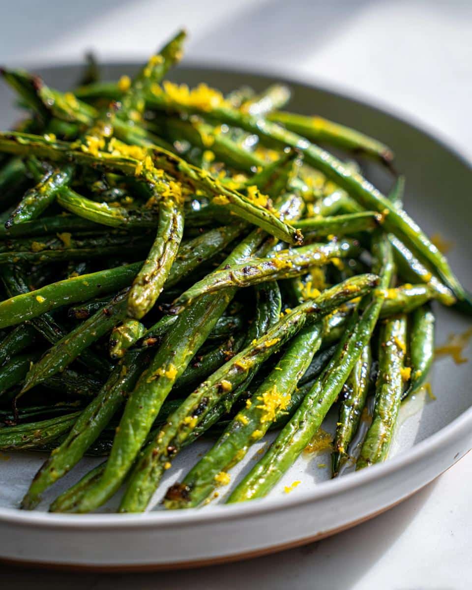 A close-up shot of vibrant green beans roasted and tossed with lemon zest, ready to serve.