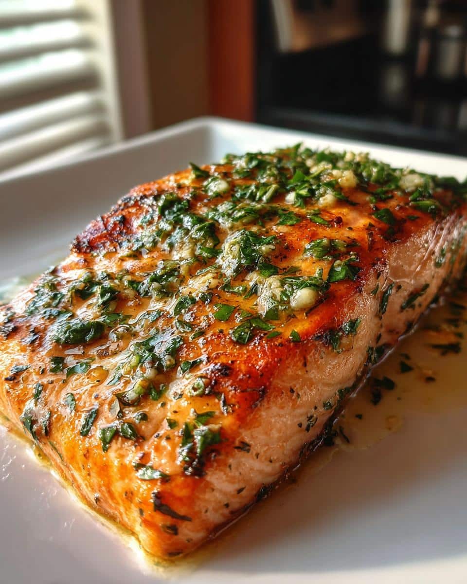 Close-up of a perfectly roasted salmon fillet topped with glistening herb butter and fresh parsley.
