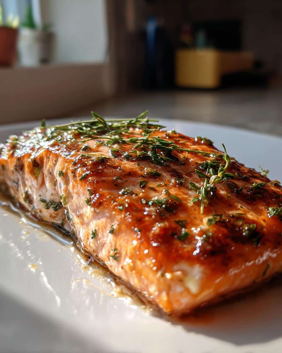 A close-up of a perfectly roasted salmon fillet topped with glistening herb butter and fresh thyme.