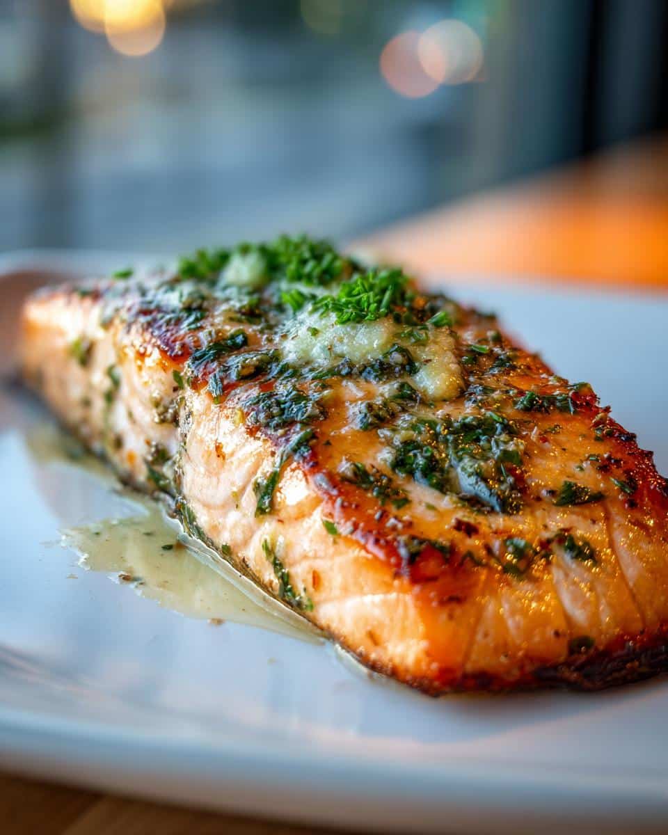 A close-up of a perfectly roasted salmon fillet topped with melted herb butter and fresh chives.