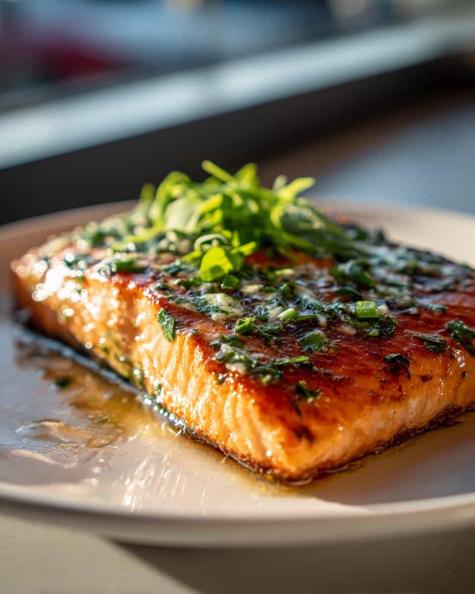 A close-up of a perfectly roasted salmon fillet topped with herb butter and fresh greens.