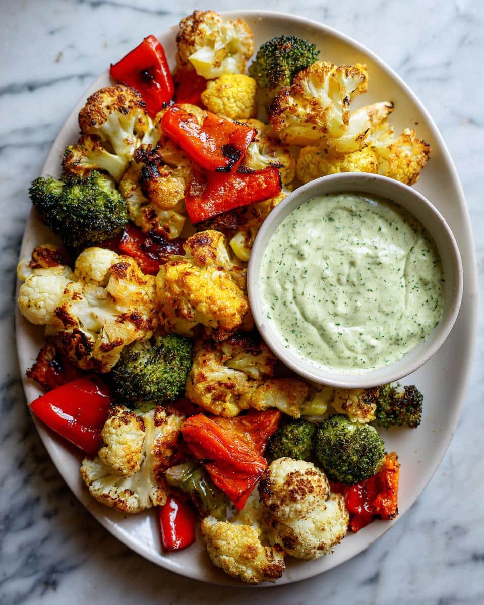 A colorful Roasted Veggie Platter with cauliflower, broccoli, and red peppers, served with a creamy herb dip.