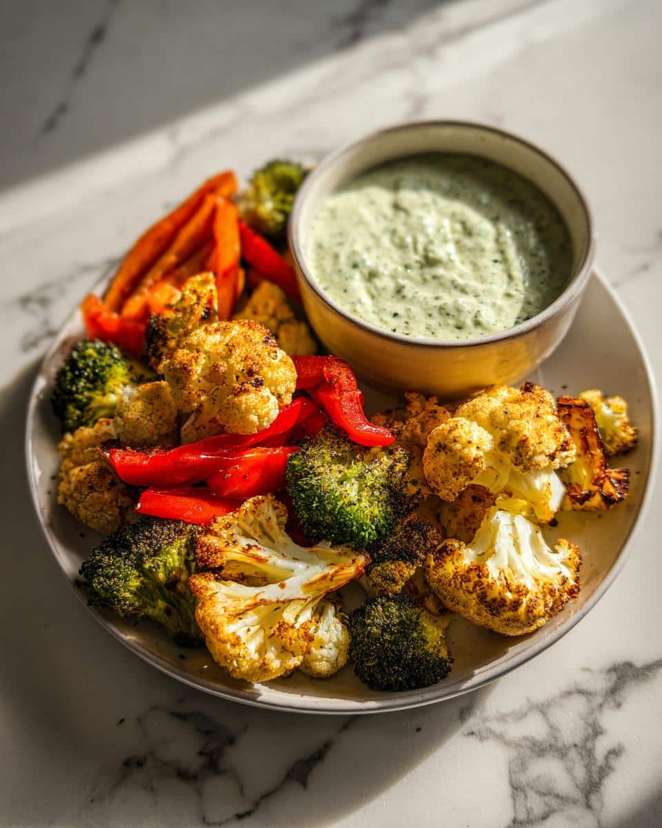 A plate of colorful roasted vegetables including broccoli, cauliflower, and red peppers, served with a creamy herb dip.