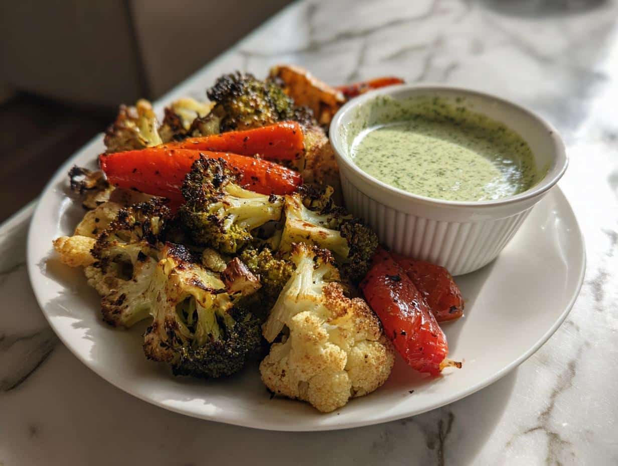 A white plate filled with a colorful Roasted Veggie Platter featuring broccoli, cauliflower, and carrots, served with a side of green herb dip.