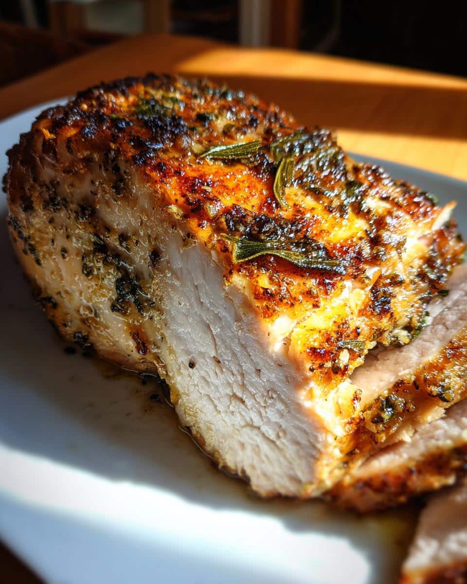 A close-up of a perfectly cooked slice of Sage Butter Roast Turkey Breast, showing its juicy interior and herb-crusted exterior.