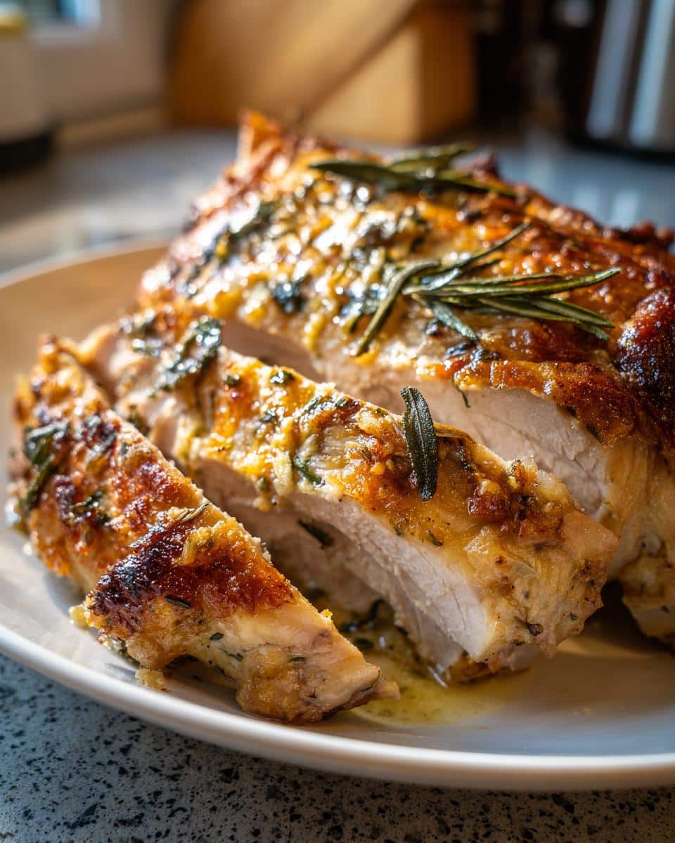Close-up of sliced Sage Butter Roast Turkey Breast, showing moist white meat and crispy golden skin with herbs.