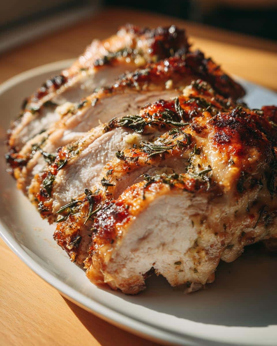 Close-up of sliced Sage Butter Roast Turkey Breast, showing moist white meat and crispy, herb-crusted skin.