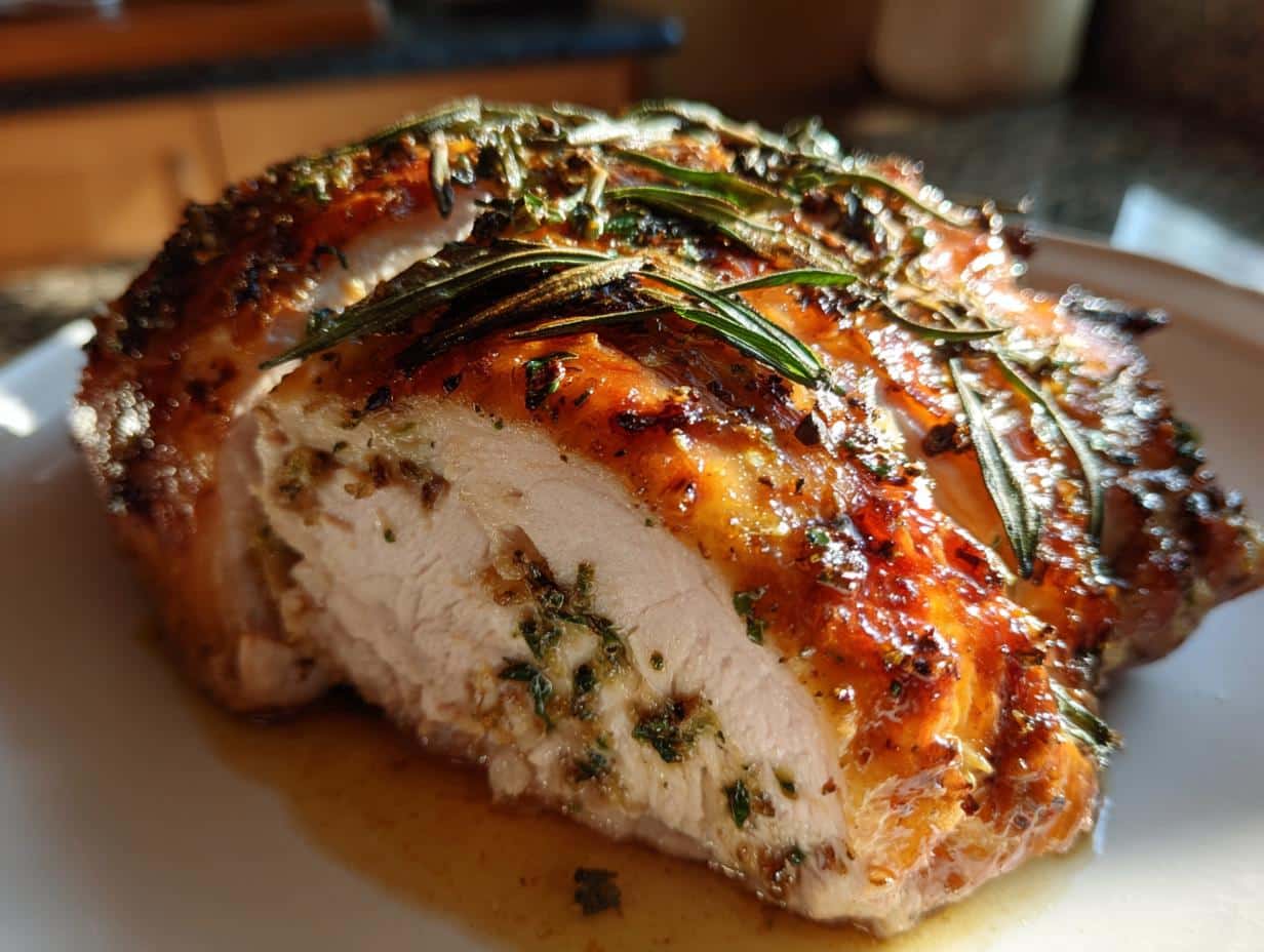 Close-up of a juicy Sage Butter Roast Turkey Breast, sliced to reveal tender meat and herb stuffing.