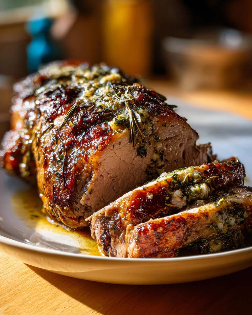 A close-up of a juicy Sage Butter Roast Turkey Breast, sliced to reveal tender meat and a golden-brown, herb-infused crust.