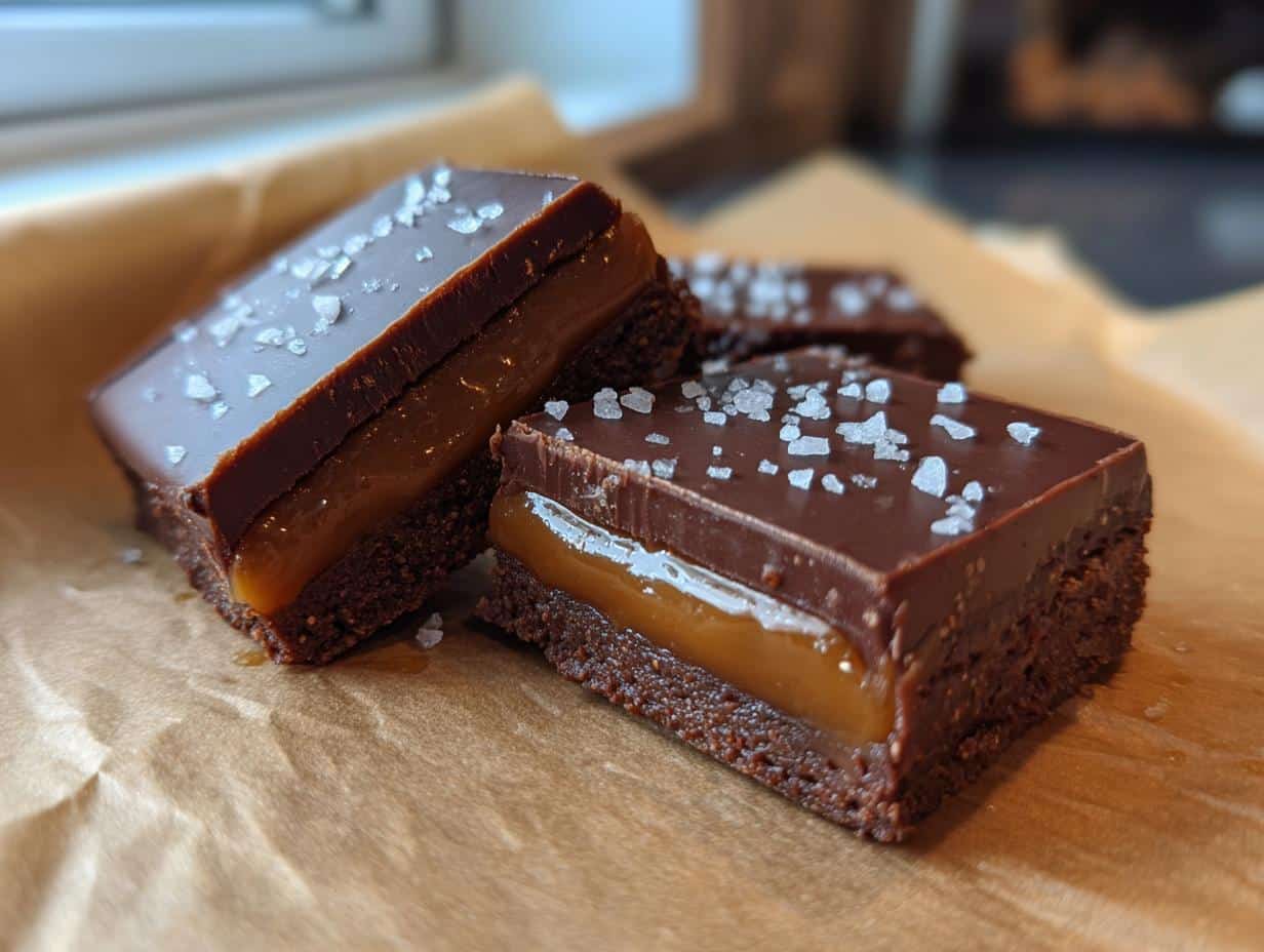 Close-up of rich chocolate bars topped with gooey caramel and coarse sea salt, showcasing the layers of our Salted Caramel Fudge.